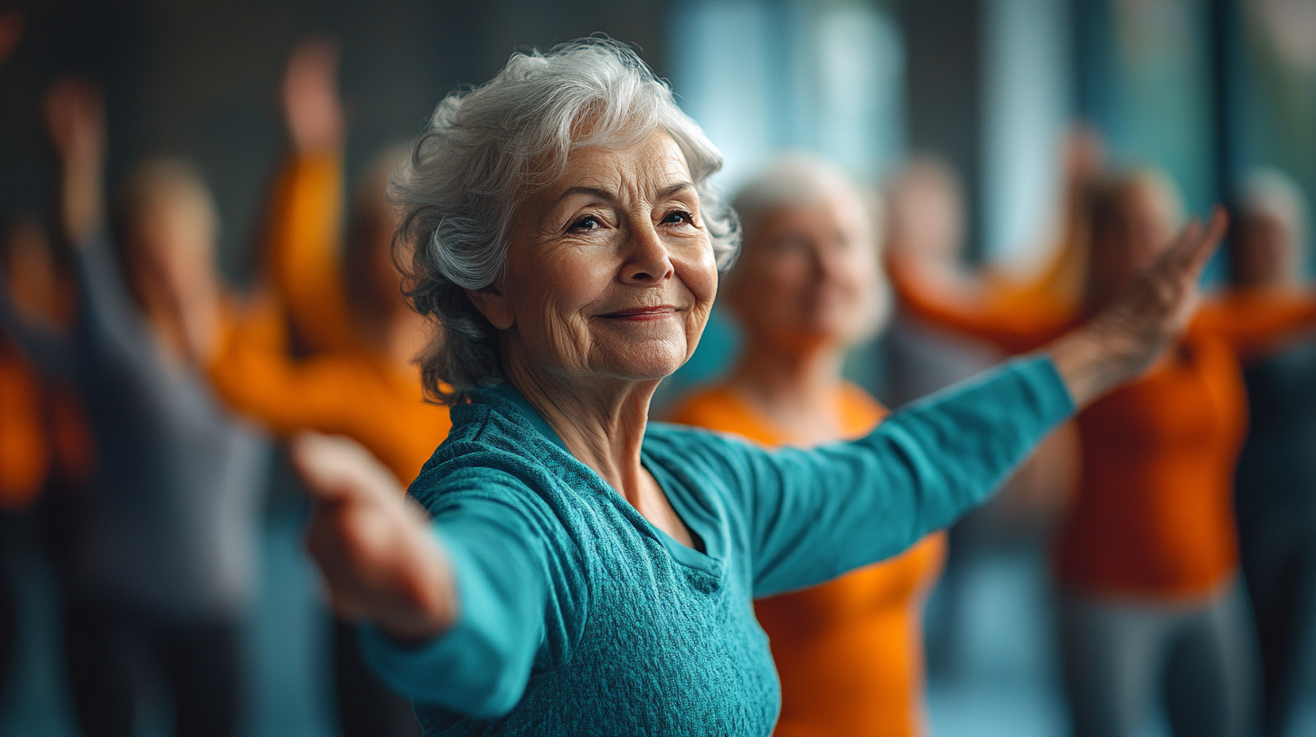 Активні люди старшого віку під час групового тренування з фітнесу